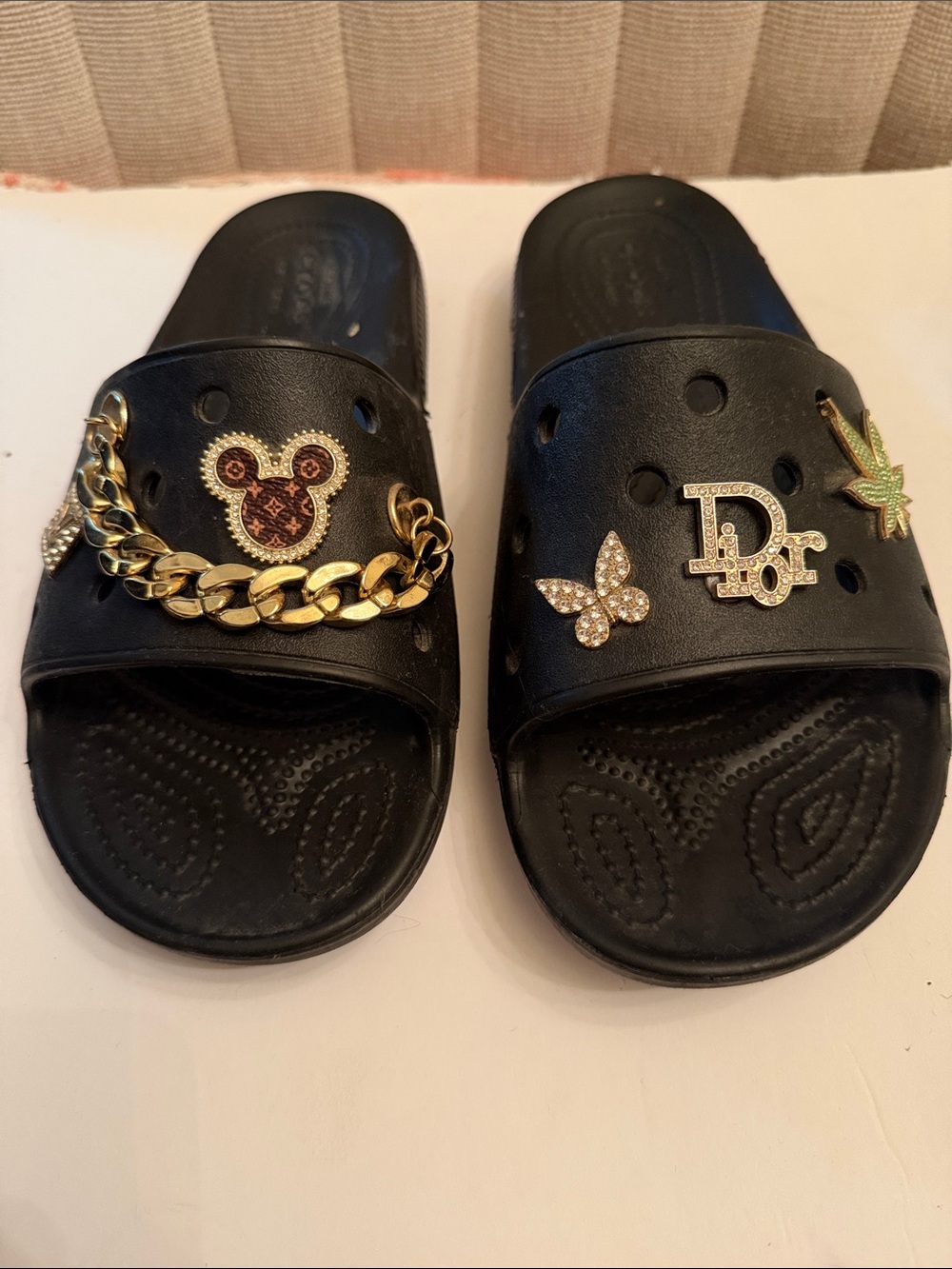 CROCS Black Slide Sandals with Gold Chain and Crystal Charms